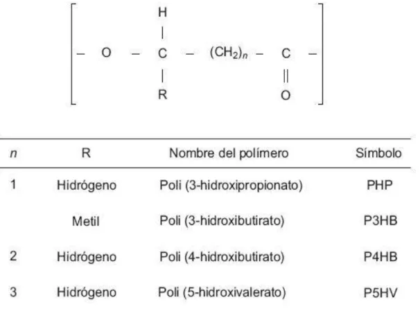 Figura 19. Estructura química de polihidroxialcanoatos producidos por bacterias (Gómez, 2013)