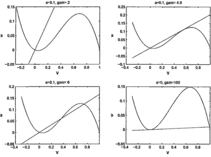 Figura 2.1:  Gráfica de las nulclinas  del modelo  de FitzHugh-Nagumo.  Dependiendo del  valor de los  parámetros puede haber uno,  dos o  tres puntos de equilibrio