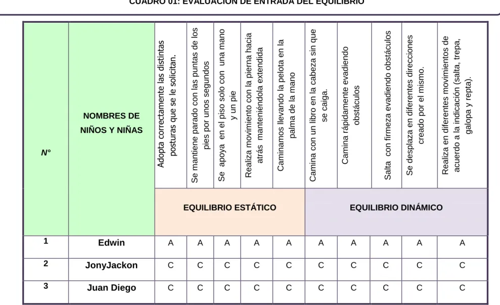CUADRO 01: EVALUACIÓN DE ENTRADA DEL EQUILIBRIO 