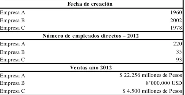 Figura 3: Información general de las empresas A, B y C. 