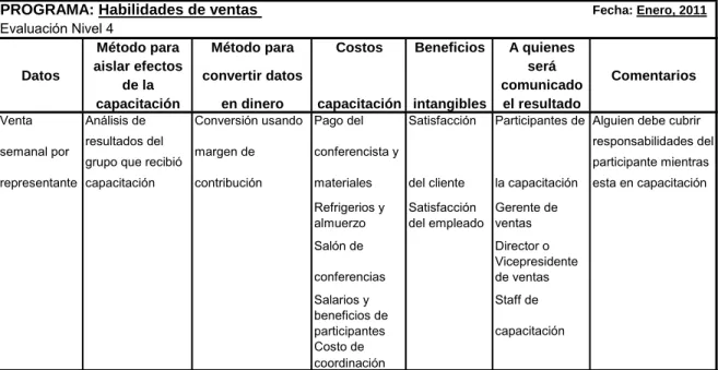 Tabla 4 Ejemplo del plan de datos y análisis del ROI 