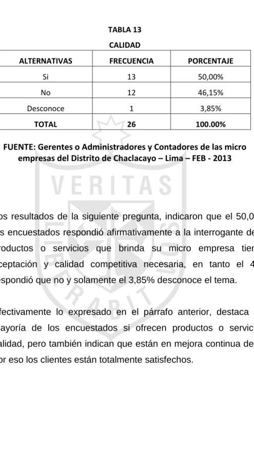 TABLA 13  CALIDAD 