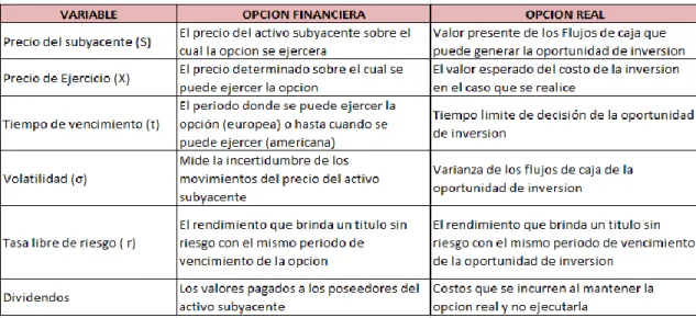 Figura 1. Variables de las Opciones Financieras y Reales   