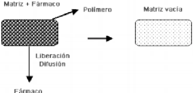 Figura  8. Representación esquemática del proceso de difusión de un fármaco desde una  matriz inerte
