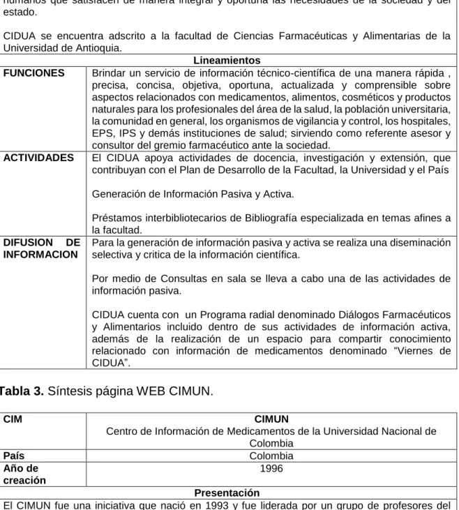 Tabla 3. Síntesis página WEB CIMUN. 