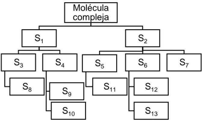 Figura 5.   Ilustración general del proceso de retrosíntesis. Donde se parte de una  molécula  compleja  que  es  fragmentada  en  diferentes  sintones  (denotados  como  S n );  se  repite  el  proceso  hasta  que  se  llega  a  precursores  simples  o  d