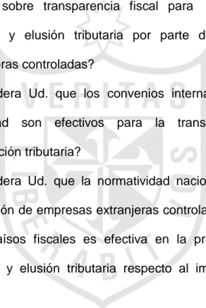 Tabla 1.:   ¿Considera  Ud.  que  las  recomendaciones  del  Fondo  Monetario  Internacional  sobre  transparencia  fiscal  son  efectivas  para    reducir  la  evasión  y  elusión  tributaria  en 