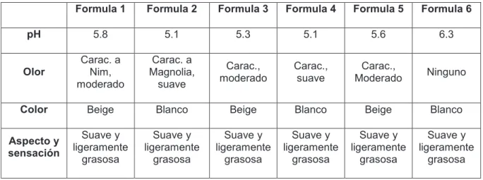 Tabla 4. Características generales de las 6 formulaciones. 