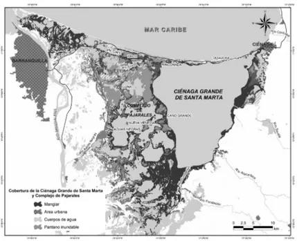 Figura 1. Localización de la Ciénaga Grande de Santa Marta (CGSM) y Complejo de Pajarales (CP),  señalando los asentamientos costeros y palafíticos