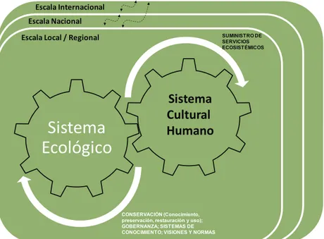 Figura 7. Esquema de la aproximación socio-ecológica a la gestión de la biodiversidad, donde se reconoce la estrecha relación  entre los  sistemas sociales y ecológicos la cual esta medida por los servicios ecosistémicos derivados la biodiversidad y las  a