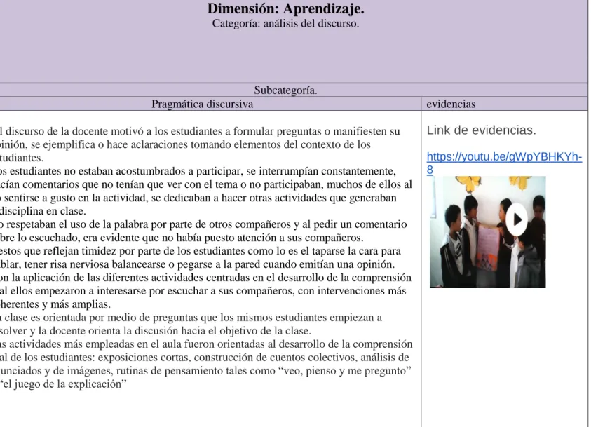 Tabla 6 Rejilla de análisis – Docente aula multigrado 