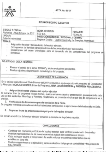 Ilustración 6 Modelo acta equipo ejecutor. Tomado del Sistema Integrado de Gestión y autocontrol - SIGA 