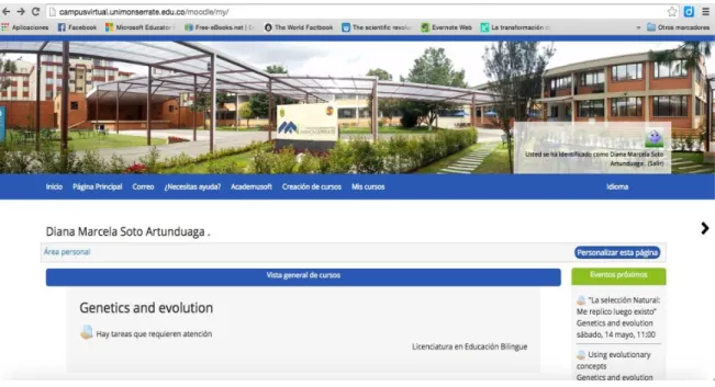 Figura 1. Página principal del curso “Genetics and Evolution” en el campus virtual de la  Unimonserrate