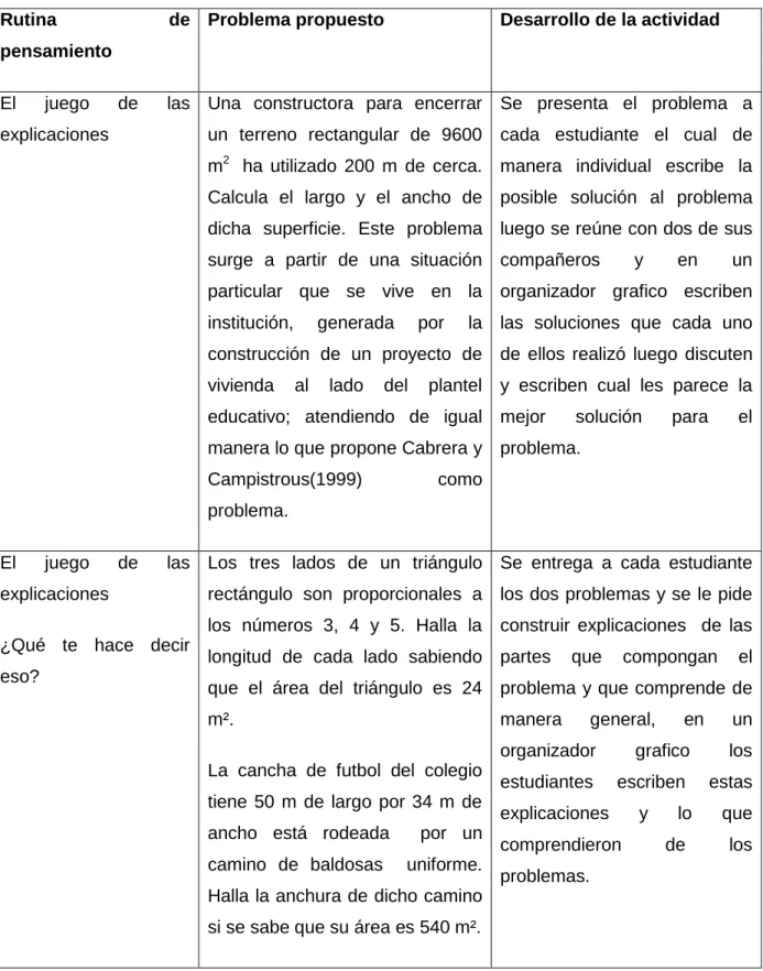 Tabla 8. Desarrollo de las actividades. 