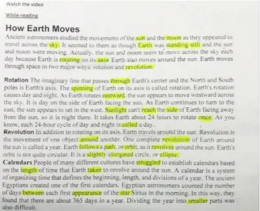 Figure 13: Unknown vocabulary 1st session. The figure shows one of the students’ unknown  words underlined in the first reading test