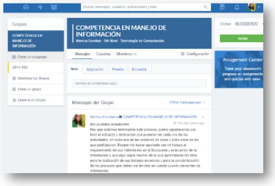 Figura 4: edmodo.com. Curso virtual sobre Competencia en Manejo de Información. 