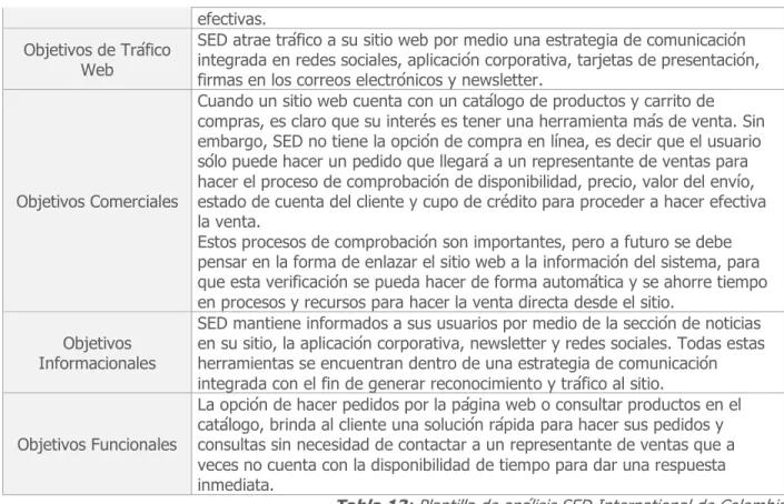 Tabla 13: Plantilla de análisis SED International de Colombia 