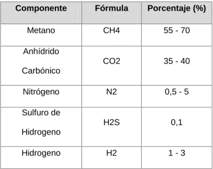 Tabla 1. Componentes del biogás.