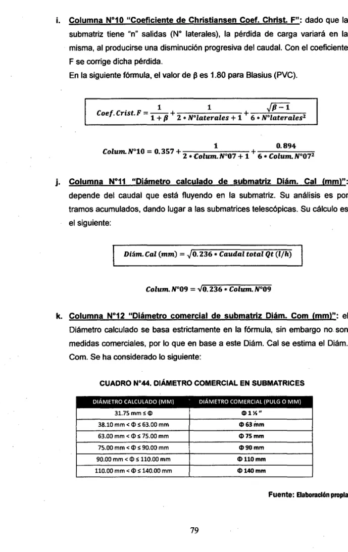 CUADRO N°44. DIÁMETRO COMERCIAL EN SUBMATRICES 
