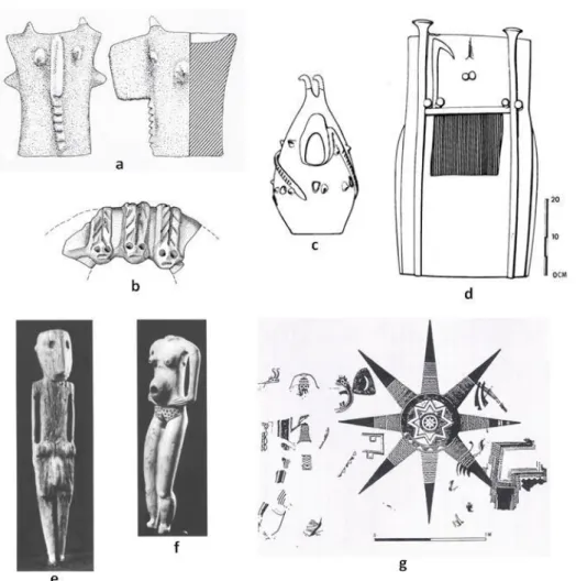 Fig. 5 Some iconographic objects from Ghassulian and Golanian cultures: a) basalt  pilar, Golan Heighs (adapted from Epstein 1988: Pl