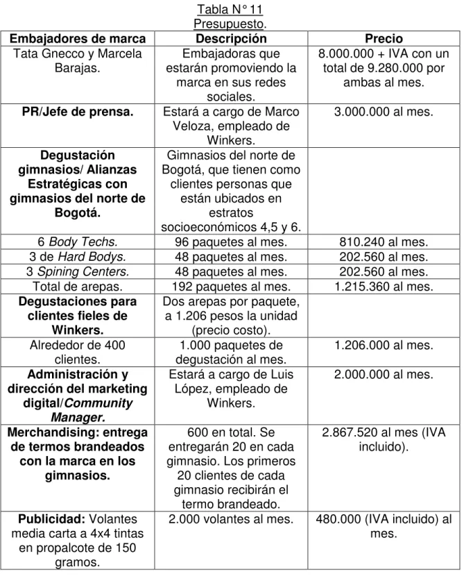 Tabla N° 11  Presupuesto. 