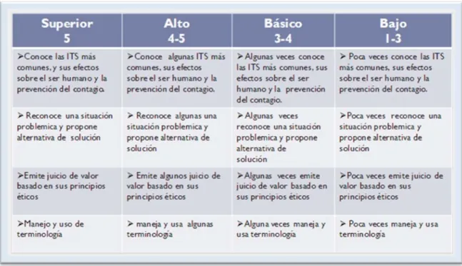 Tabla 1. Criterios de evaluación de la competencia toma de decisiones para la prevención de ITS/VIH 