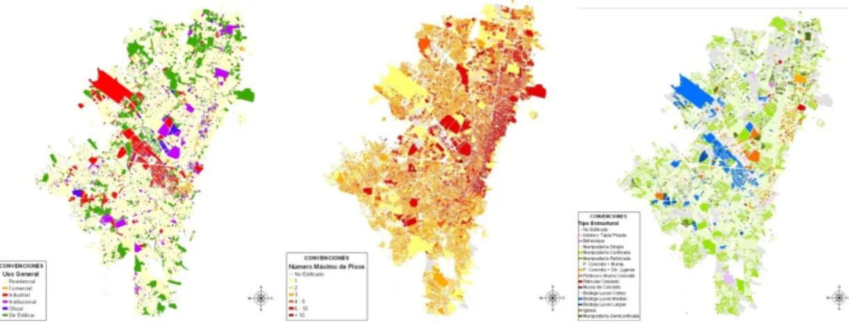 Figure  3. Index maps of building use, number of stories and structural class distribution for Bogotá