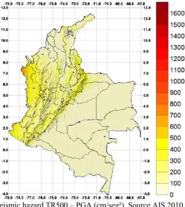 Figure 1. Colombian seismic hazard TR500 – PGA (cm/seg²). Source AIS 2010 