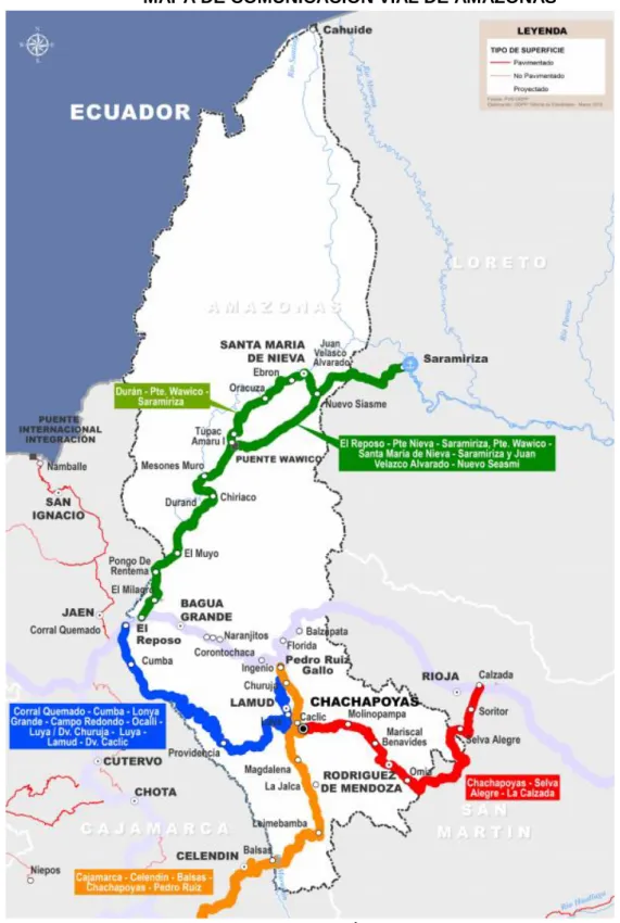 FIG. 2.2.1.1A. MAPA DE COMUNICACIÓN VIAL DE AMAZONAS 