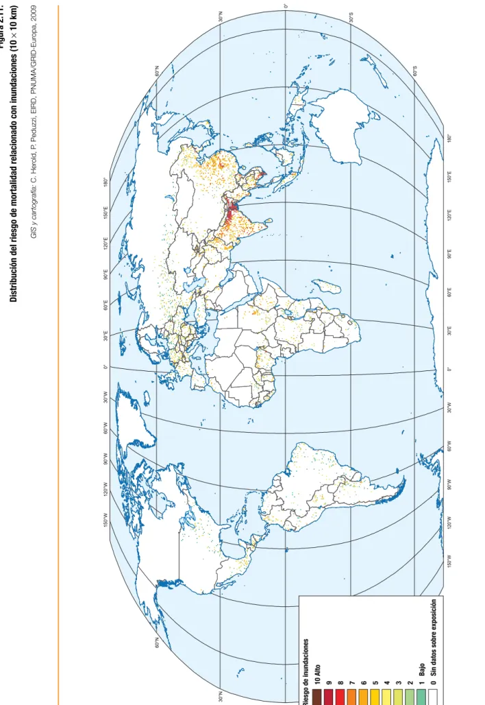 Figura 2.11:  Distribución del riesgo de mortalidad relacionado con inundaciones (10 × 10 km) GIS y cartografía: C