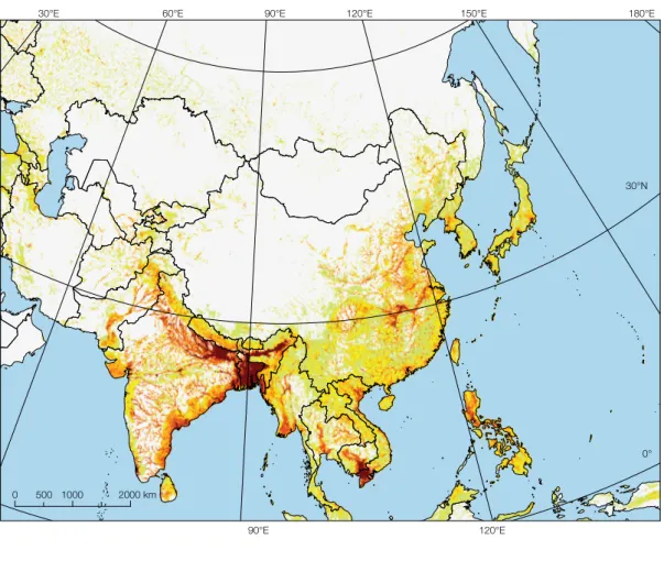 Figura 2.6 Distribución del  riesgo de mortalidad  por amenazas  meteorológicas  (ciclones tropicales,  inundaciones y  deslizamientos de  tierra por lluvias)  en Asia, según lo  modelizado Figura 2.7 Distribución del  riesgo de mortalidad  por amenazas  m
