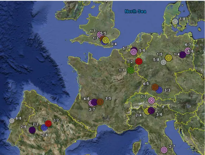 Figure 19  Geographical evolution of the centre of gravity while increasing the number of  clusters using FCM algorithm on database 1