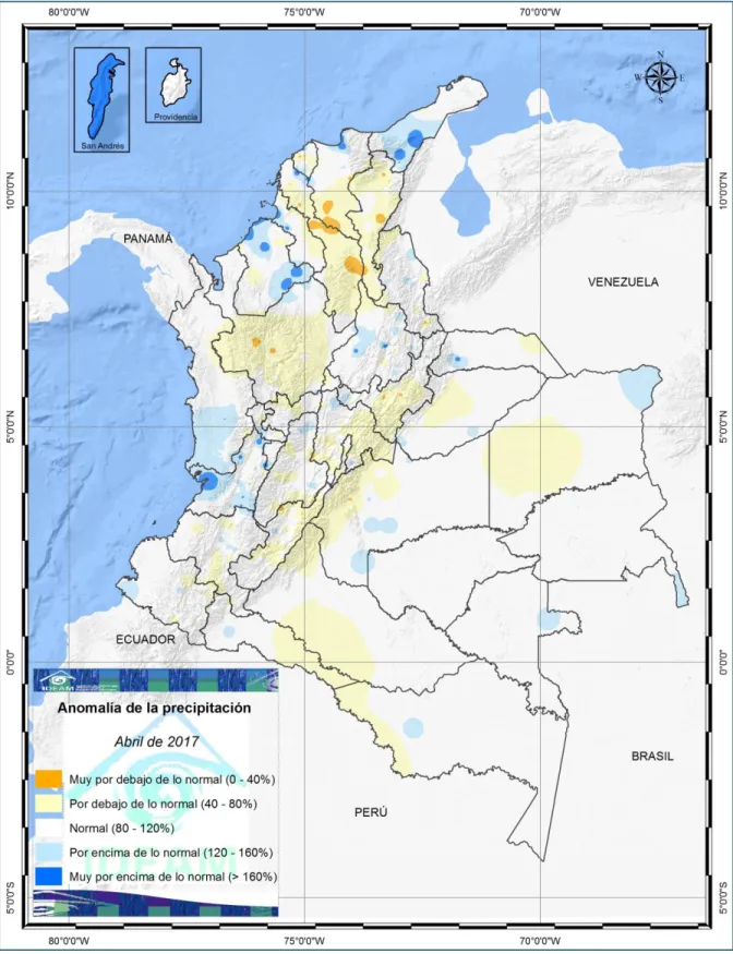 Figura 6. Mapa anomalía de la precipitación abril de 2017. 