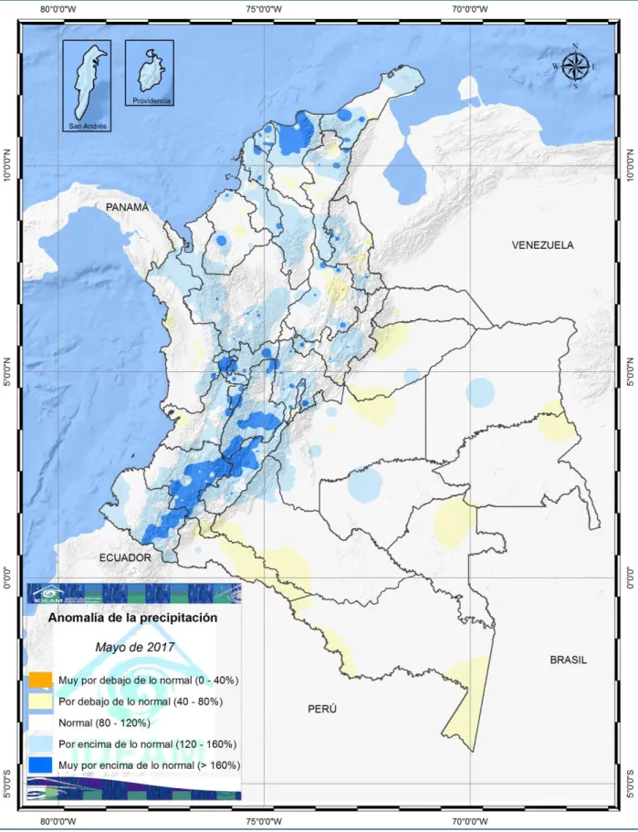 Figura 8. Mapa anomalía de la precipitación mayo de 2017. 