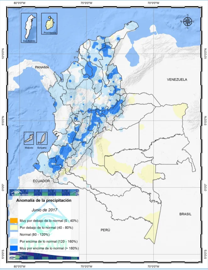 Figura 9. Mapa anomalía de la precipitación junio de 2017. 