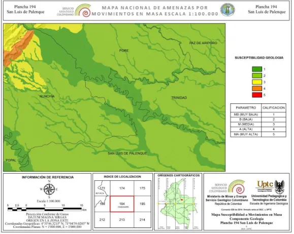 Figura 3.   Mapa de susceptibilidad por la variable geología. 