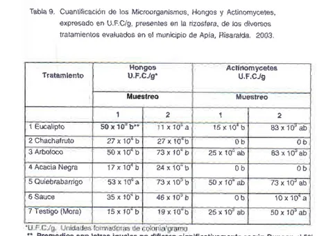 Tabla g.  Cuantilicac¡ón  de los M¡croorgan¡smos,  Hongos y  Actinomyceies,