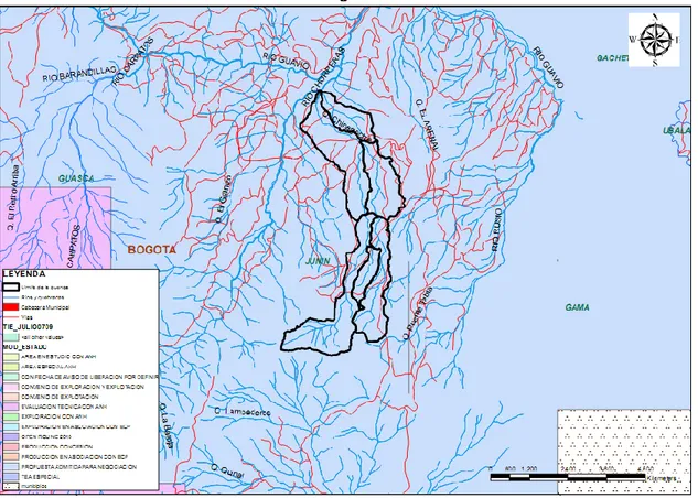 Figura 9.  Mapa de áreas de interés y producción de hidrocarburos en la cuenca de la quebrada  Chinagocha