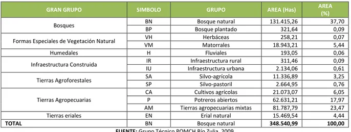 Tabla 2. DISTRIBUCIÓN DE COBERTURA Y USO DE LA CUENCA DEL RÍO ZULIA 