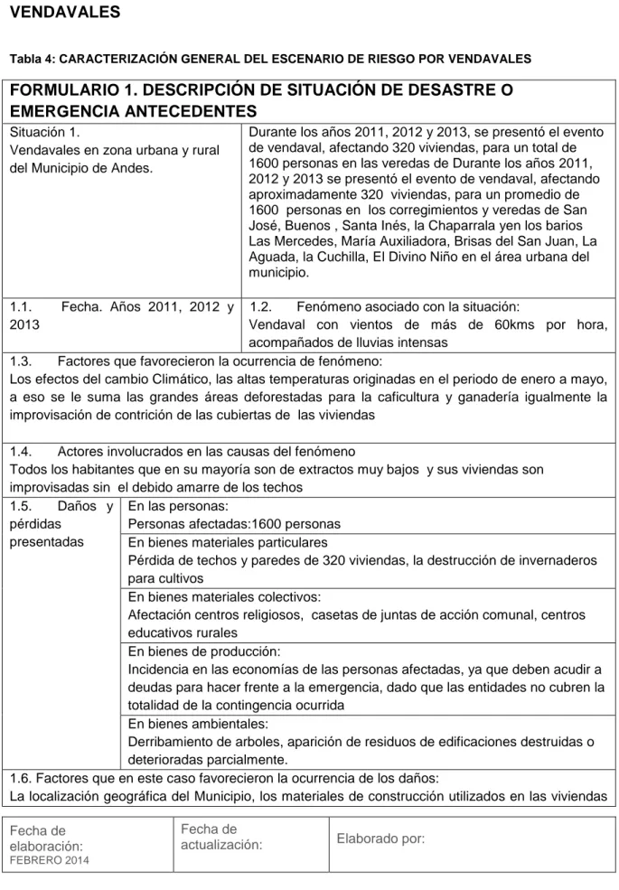 Tabla 4: CARACTERIZACIÓN GENERAL DEL ESCENARIO DE RIESGO POR VENDAVALES 