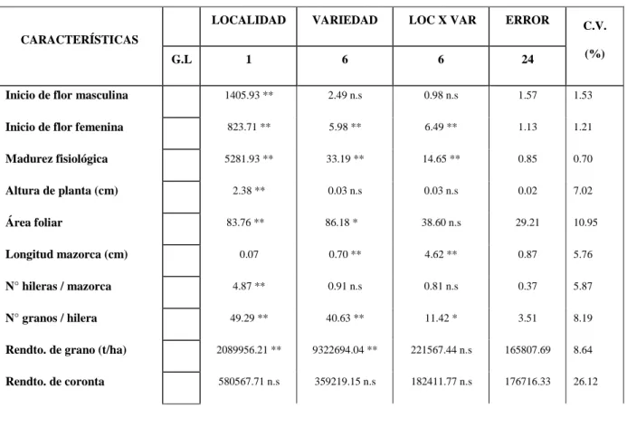 TABLA  03.  Cuadrados  medios  del  análisis  de  variancia  (Combinado:  L1  +  L2)  para  las  características evaluadas de siete genotipos de maíz morado (Zea mays L.), en dos  localidades: Centro Poblado de Yatun – Cutervo, Cajamarca y Fundo “La Peña”,