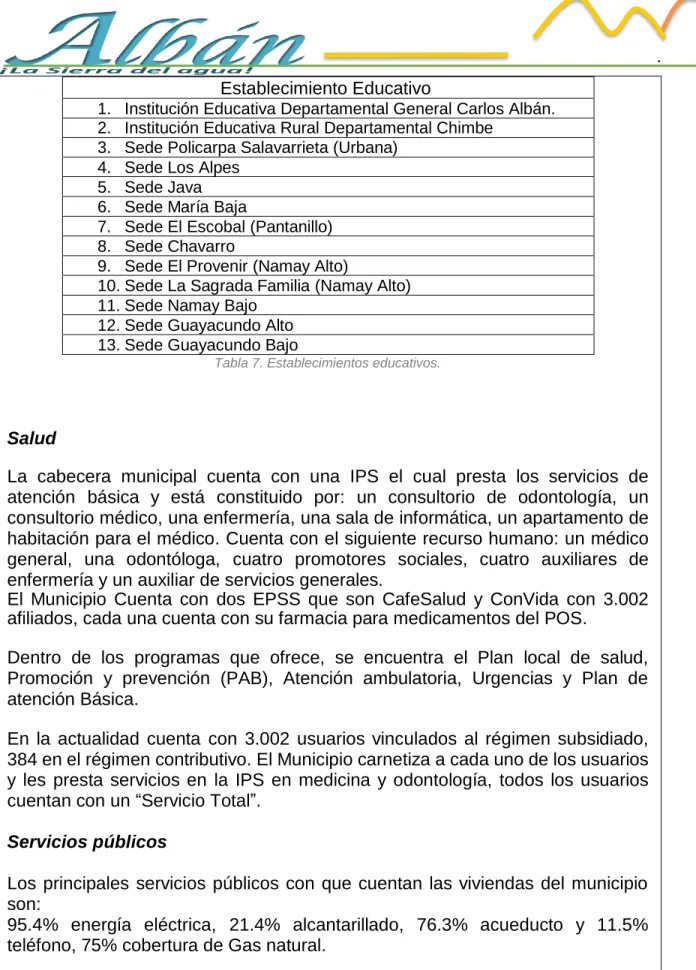 Tabla 7. Establecimientos educativos. 