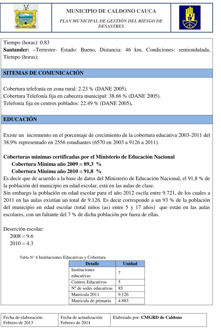 Tabla N° 8  Instituciones Educativas y Cobertura 