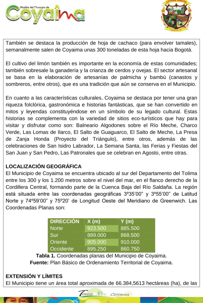 Tabla 1. Coordenadas planas del Municipio de Coyaima. 