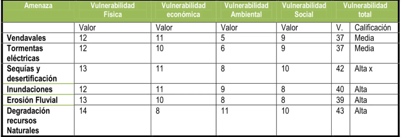 Tabla 9. Valoración cuantitativa de los factores de vulnerabilidad 