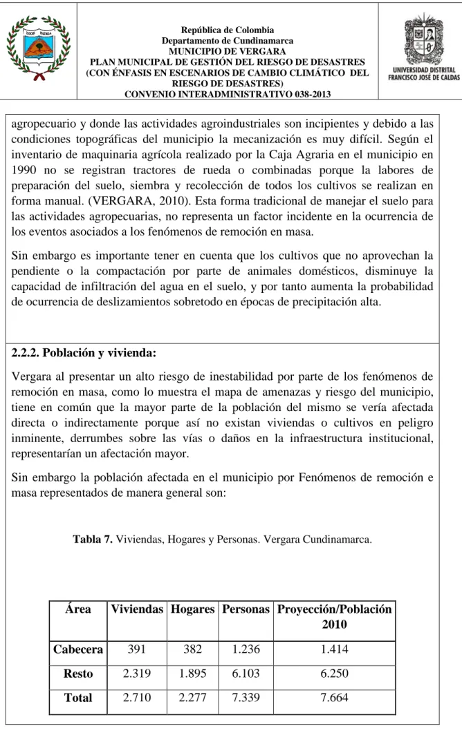 Tabla 7. Viviendas, Hogares y Personas. Vergara Cundinamarca. 