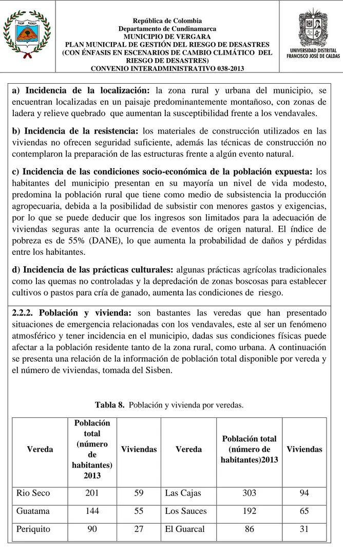 Tabla 8.  Población y vivienda por veredas. 