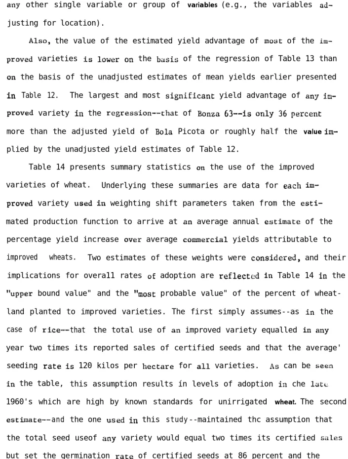 Table 14 presents summary statistics on the use of the improved varieties of wheat. Underlying these summaries are data for each   im-proved  variety used in weighting shift parameters taken from the  esti-mated production function to arrive at an average 