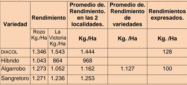 CUADRO  N o  3. Rendimiento de la variedad  DIACOI .  NIMA  comparado con el  rendimiento de 3 variedades comerciales, en los Municipios de Palmira  (Rozo) y La Victoria