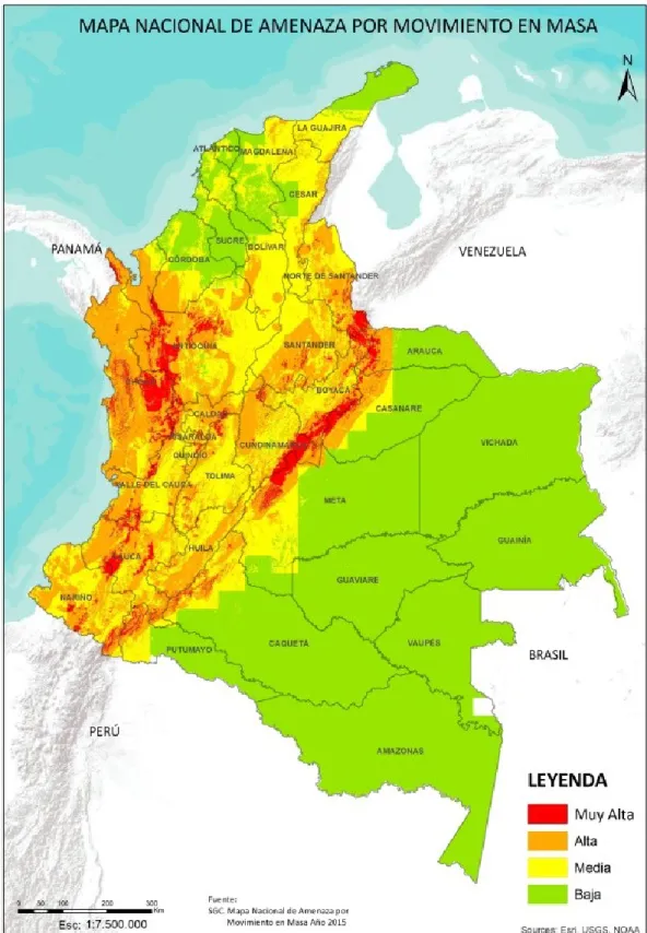 Figura 8. Zonas Amenaza por movimientos en masa en Colombia. Fuente: SGC, 2015 